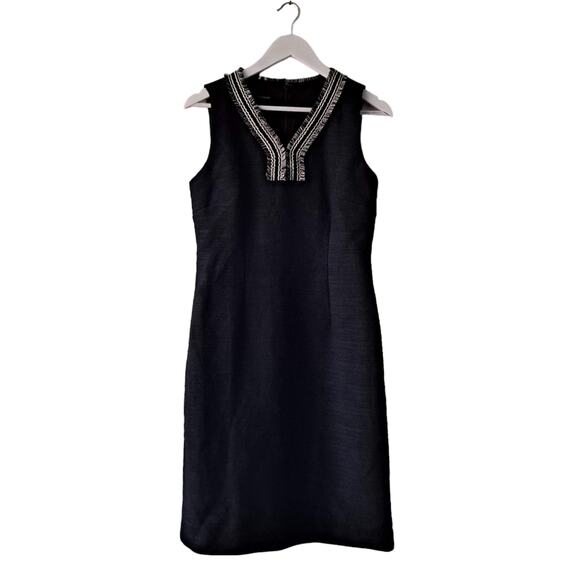 Talbots Womens Black Vneck Texture Dress with Neckline Fringes Sleeveless Size 2 - Picture 1 of 10